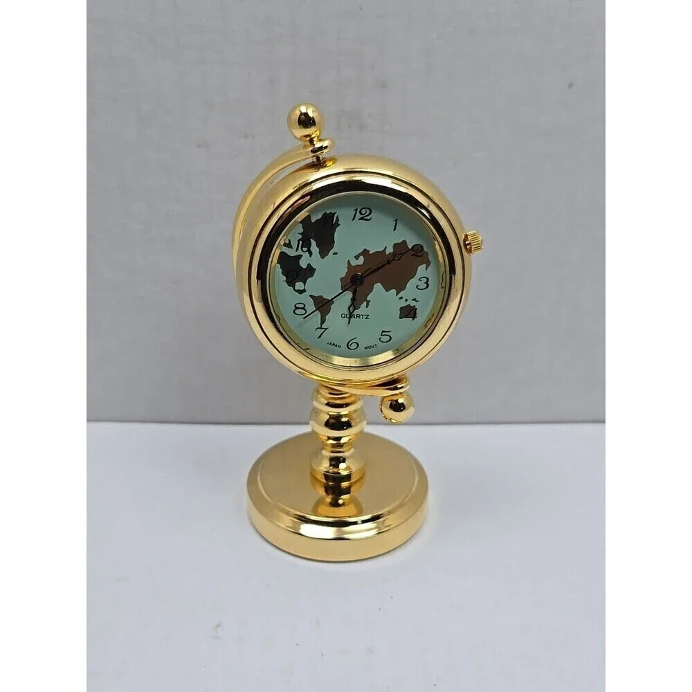 Miniature Gold World Map Desk Clock Quartz Japan Movt New Battery Working Gimbal